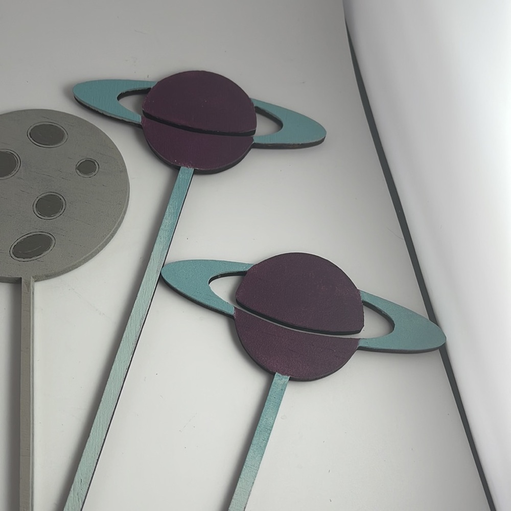 Outer Space Cake Toppers Wood NEW Set of 6 - Picture 4 of 9